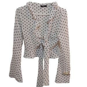 Eight Paris White and Black Polka Dotted Tied Longsleeved Top Size Small (S)
